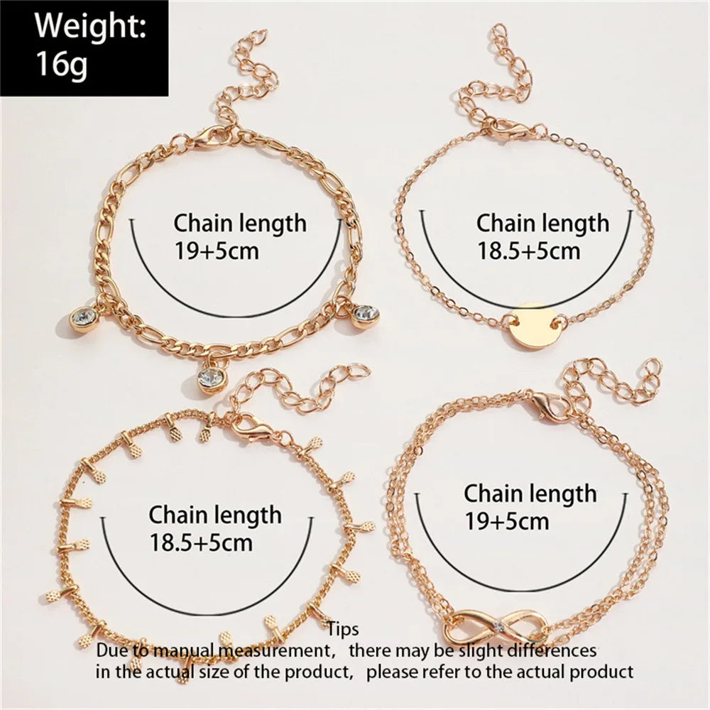 Gold Color Bracelet Set of Four Stainless Steel Sequins Rhinestone Bracelet Combination for Women Chain Bracelet Jewelry Gifts