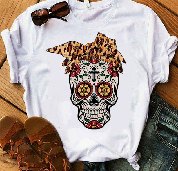 With Scarf Colorful Skull Head Print T Shirt Women Short Sleeve O Neck Loose Tshirt Women Causal Tee Shirt Tops Camisetas Mujer