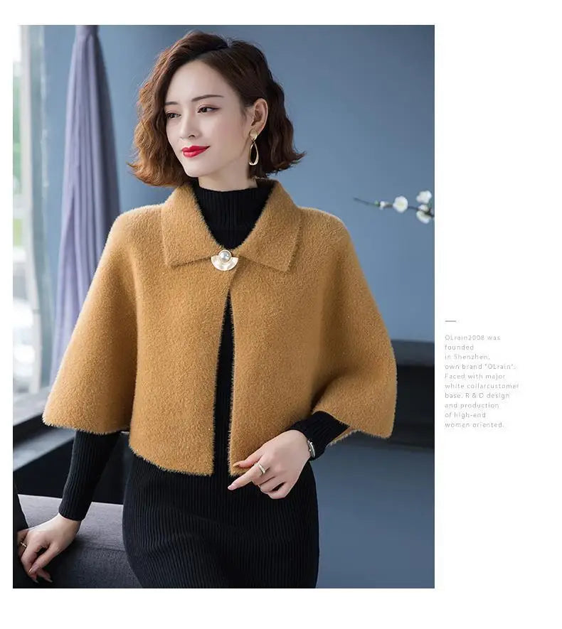 Women Cape Outerwear Cloak Style Solid Color Lapel 3/4 Sleeve Cardigan Shawl Winter Woolen Coat For Party