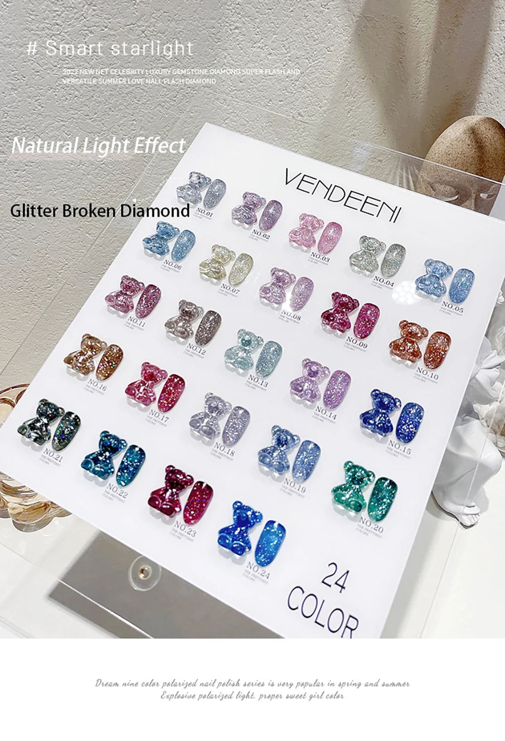 Vendeeni 24 Colors Glitter Broken Diamond Gel Nail Polish Flash Reflective Nail Art Gel Varnish UV LED Soak Off Gel Lacquer 15ml