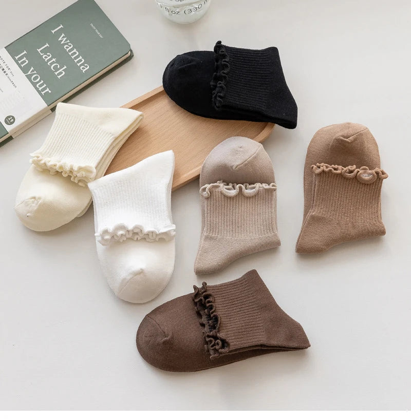 3 Pairs/Lot Cute Socks For Women New Japanese Style Breathable Girls Short Socks Kawaii Solid Socks Frilly Ruffle Socks Casual