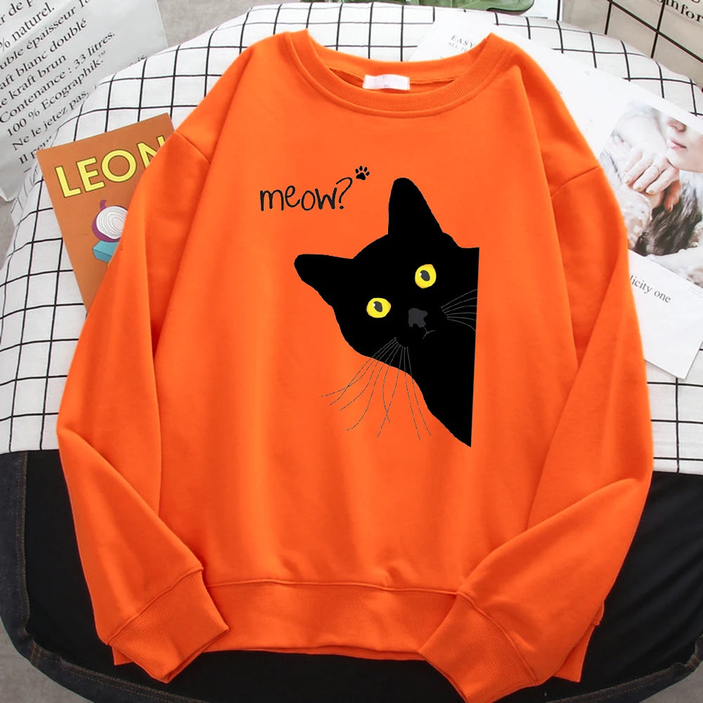 Winter Harajuku Woman Sweatshirt Meow Black Cat Printing Hoodies Comfortable All-Math Pullover Crewneck Loose Female Clothes