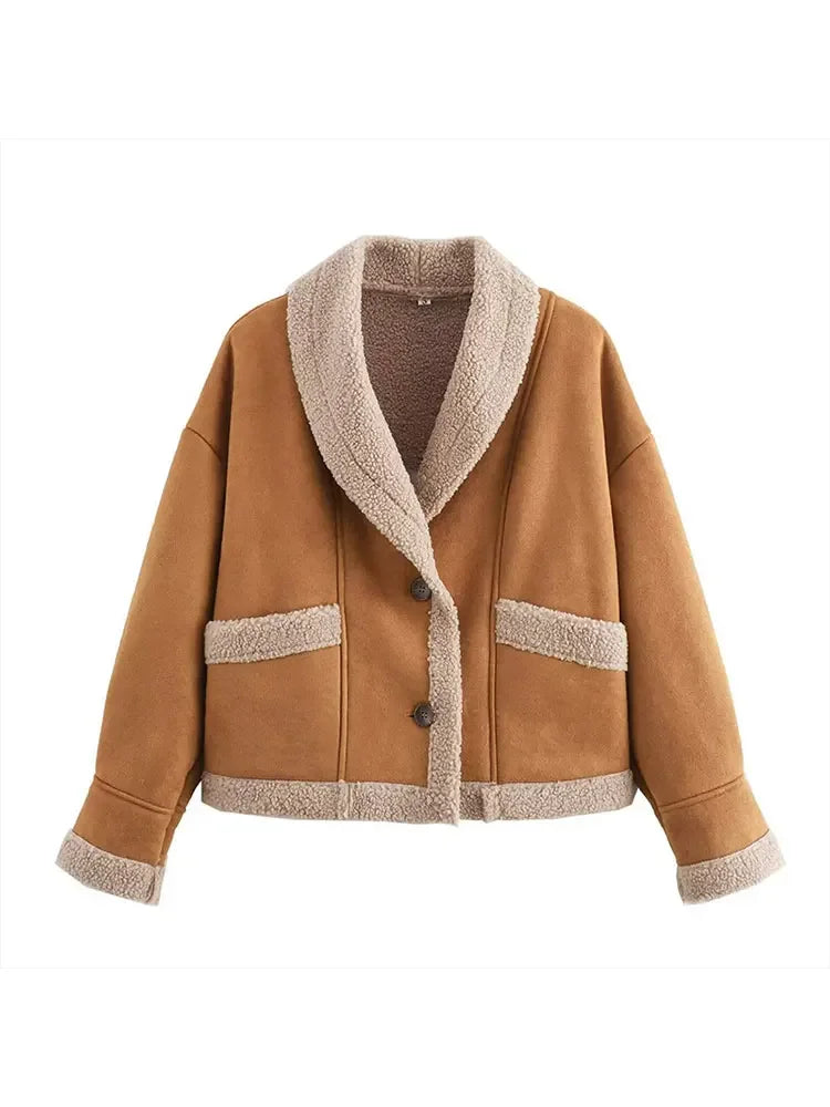 Women Chic Lapel Lamb Wool Patchwork Coat Casual Button With Pocket Thickened Jacket 2024 Autumn Winter New Lady Retro Outerwear