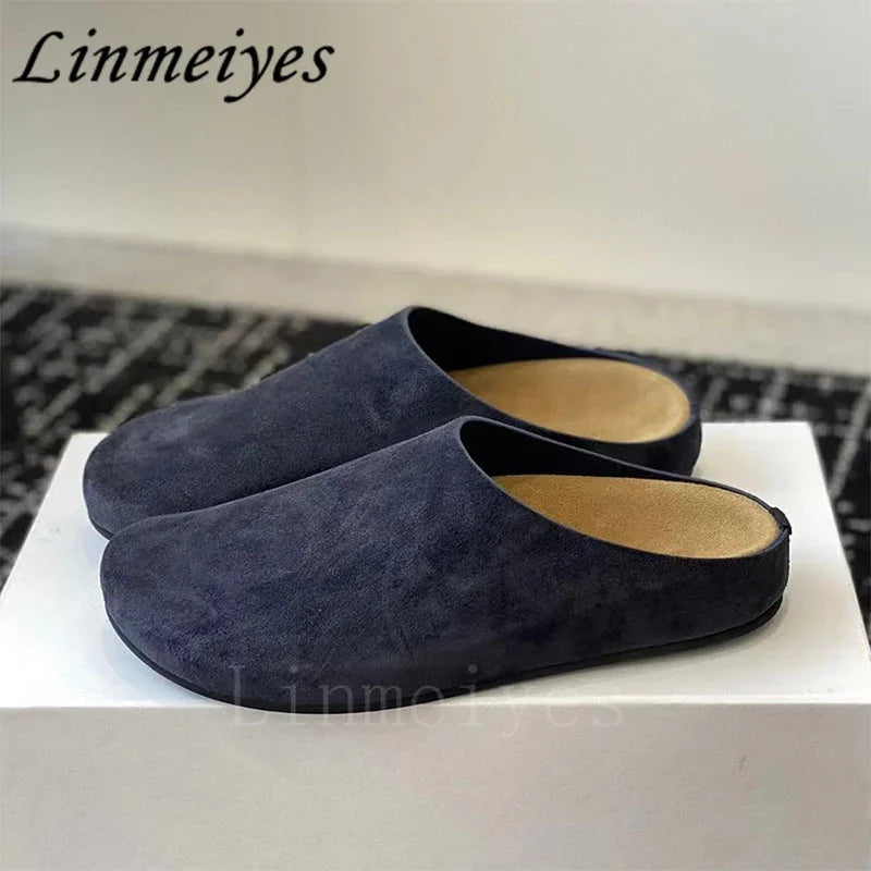 2024 New Flat Slippers Women High Quality Kid Suede Mules Shoes Round Toe Casual Comfort Slides Woman Thick Sole Slippers Woman