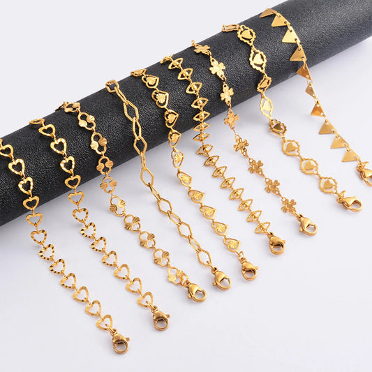 304 Stainless Steel Handmade Geometric Link Chain Bracelets For Women Jewelry 18k Gold Color Daily Accessory 18cm Long, 1 Piece