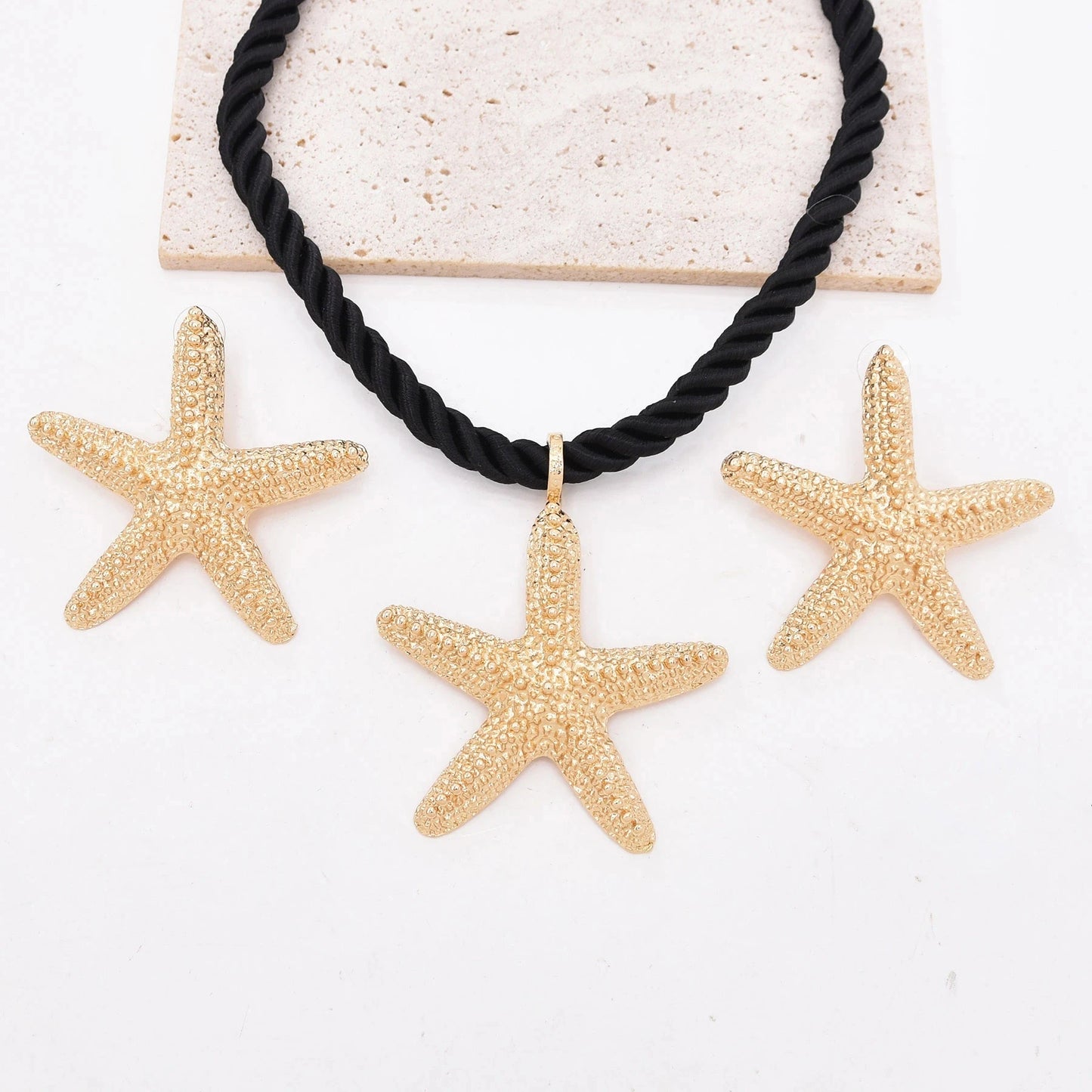 Golden Starfish Pendant Necklace Stud Earrings for Women Europ American Fashion Exaggerated Summer Marine Animal Jewelry Sets