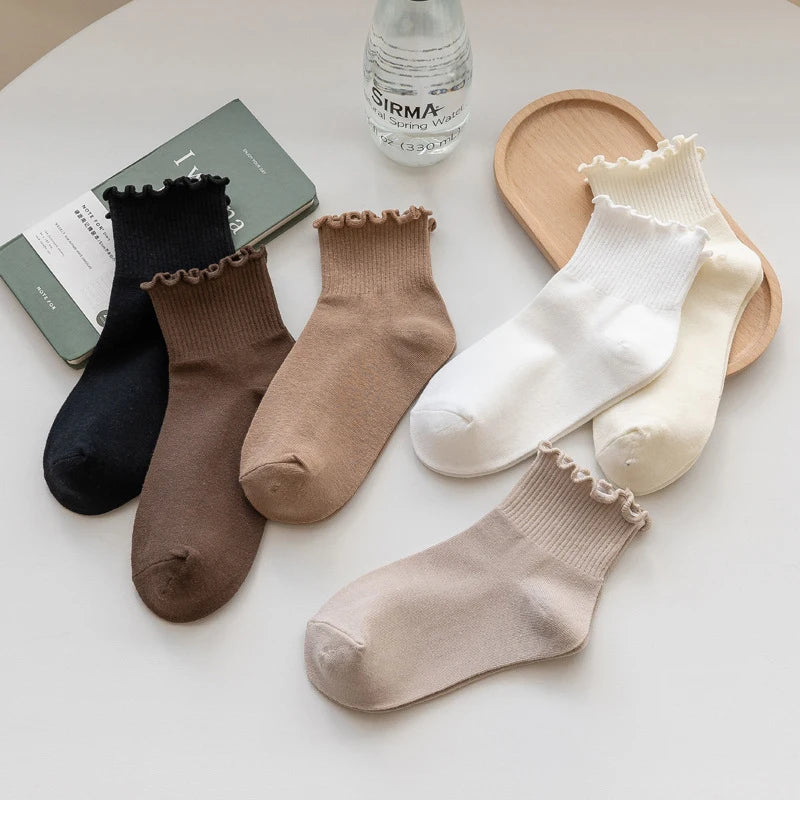 3 Pairs/Lot Cute Socks For Women New Japanese Style Breathable Girls Short Socks Kawaii Solid Socks Frilly Ruffle Socks Casual