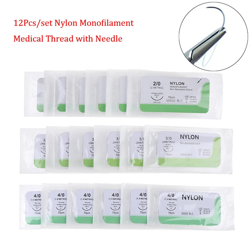 12PCS 2/0 3/0 4/0 Needle Suture Nylon Monofilament Non-injured Suture Medical Thread Suture For Medical Surgical Suture Tool