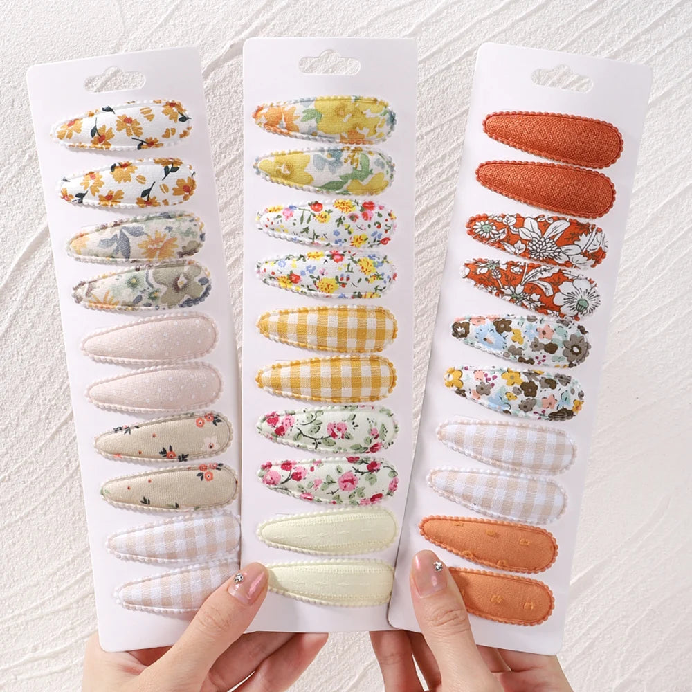 10Pcs/Set Newborn Print Cotton Alloy Hair Bow Snap Clips Fabric Plaid Hairpins Girl Kid Headwear Baby Hair Accessories Wholesale