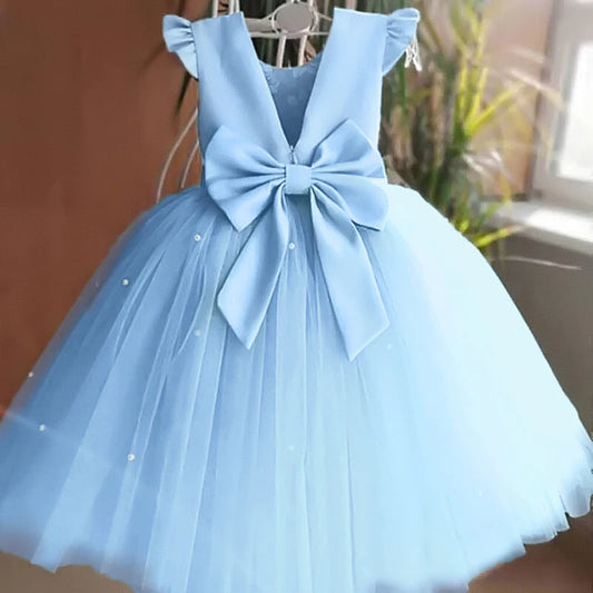 Toddler Girl Blue Beaded Tutu Gown 1-5 Years Baby Girl Birthday Party Dress Little Girl V-Back Bow Tulle Clothes Infant Costume