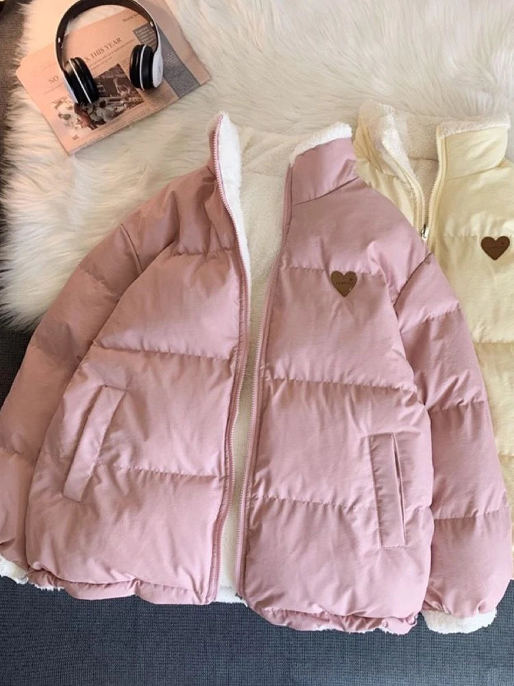 JMPRS Cute Embroidery Women Parkas Coat Winter Thick Hairy Korean Loose Warm Jacket Double Sided Design Pink Student Clothes