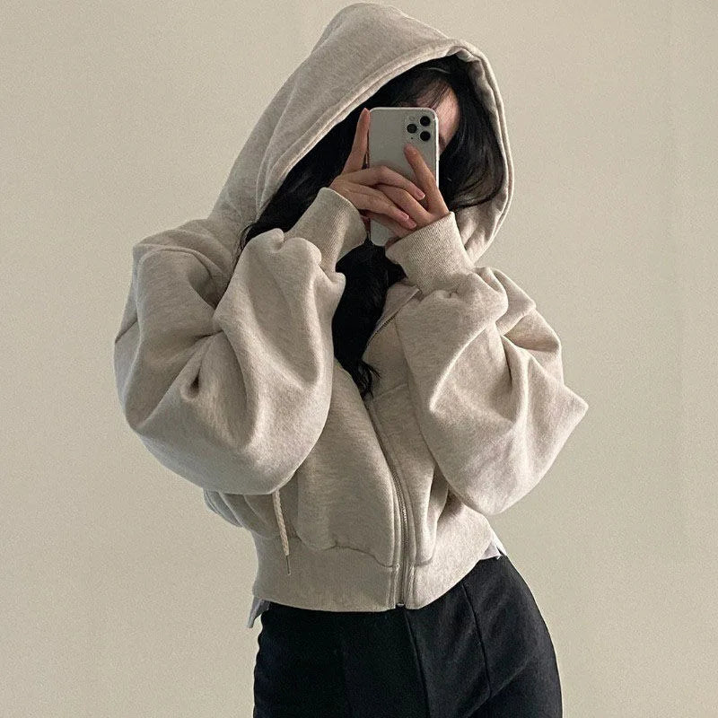 Women Casual Hoodies Autumn Retro Solid Color Zip Up Oversized Sweatshirts Harajuku Long Sleeve Hooded Loose Short Jackets Coat