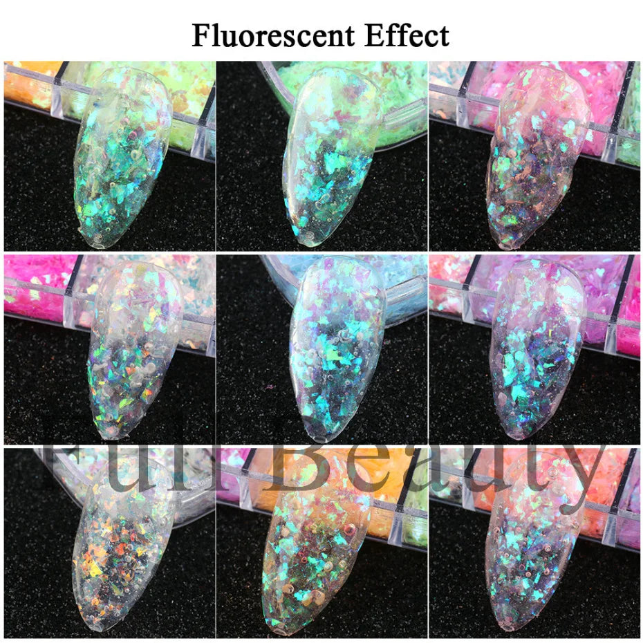 12 Grids Nail Art Glitter Luminous Irregular Flakes Broken Glass Sequins Powder Iridescent UV Gel Polish Nail Decoration NFSP