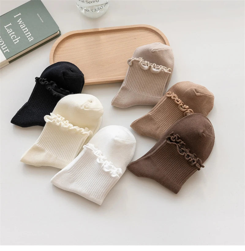 3 Pairs/Lot Cute Socks For Women New Japanese Style Breathable Girls Short Socks Kawaii Solid Socks Frilly Ruffle Socks Casual