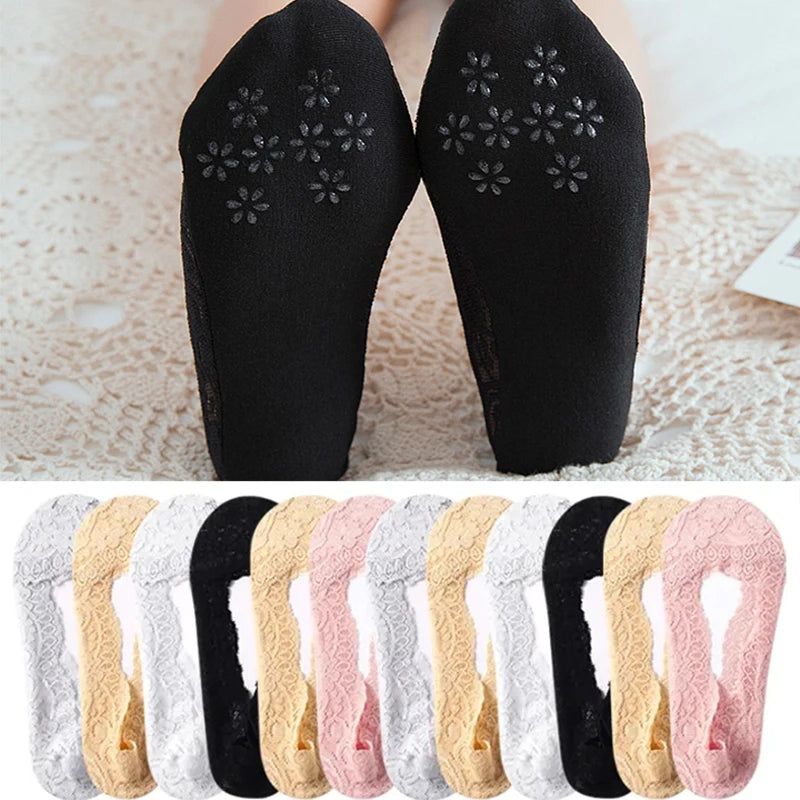 10pcs Lace Flower Sock Slippers Women Summer Breathable Silicone Non-slip Ankle Invisible Slipper Hollow Boat Socks Ballet Sox