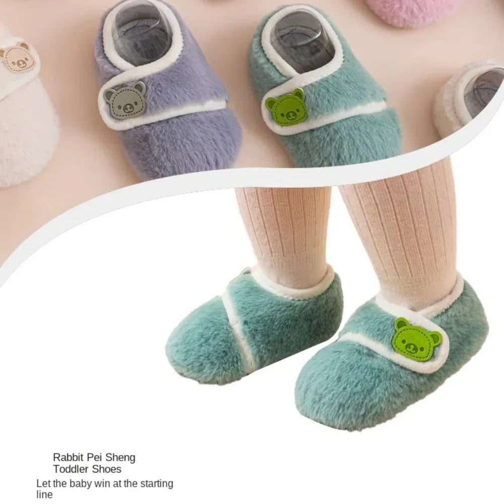 0-5 Years Old Soft Sole Infant Plush Floor Shoes Warm Touch Fastener Anti-slip Walking Shoes Casual Bear Kids First Walkers Home