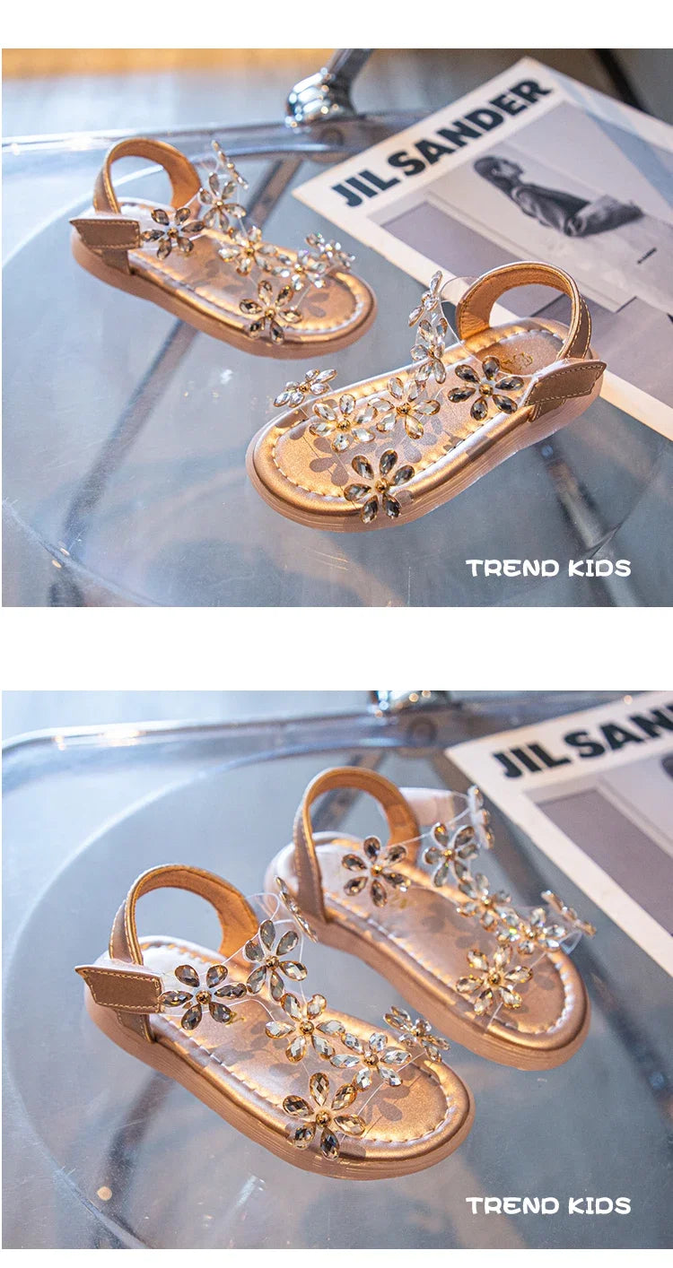 2024 Summer Girls Sandals Flower Crystal Princess Shoes Kids Fashion Rhinestone Beach Shoes Children Anti-slip Ankle Strap Shoes