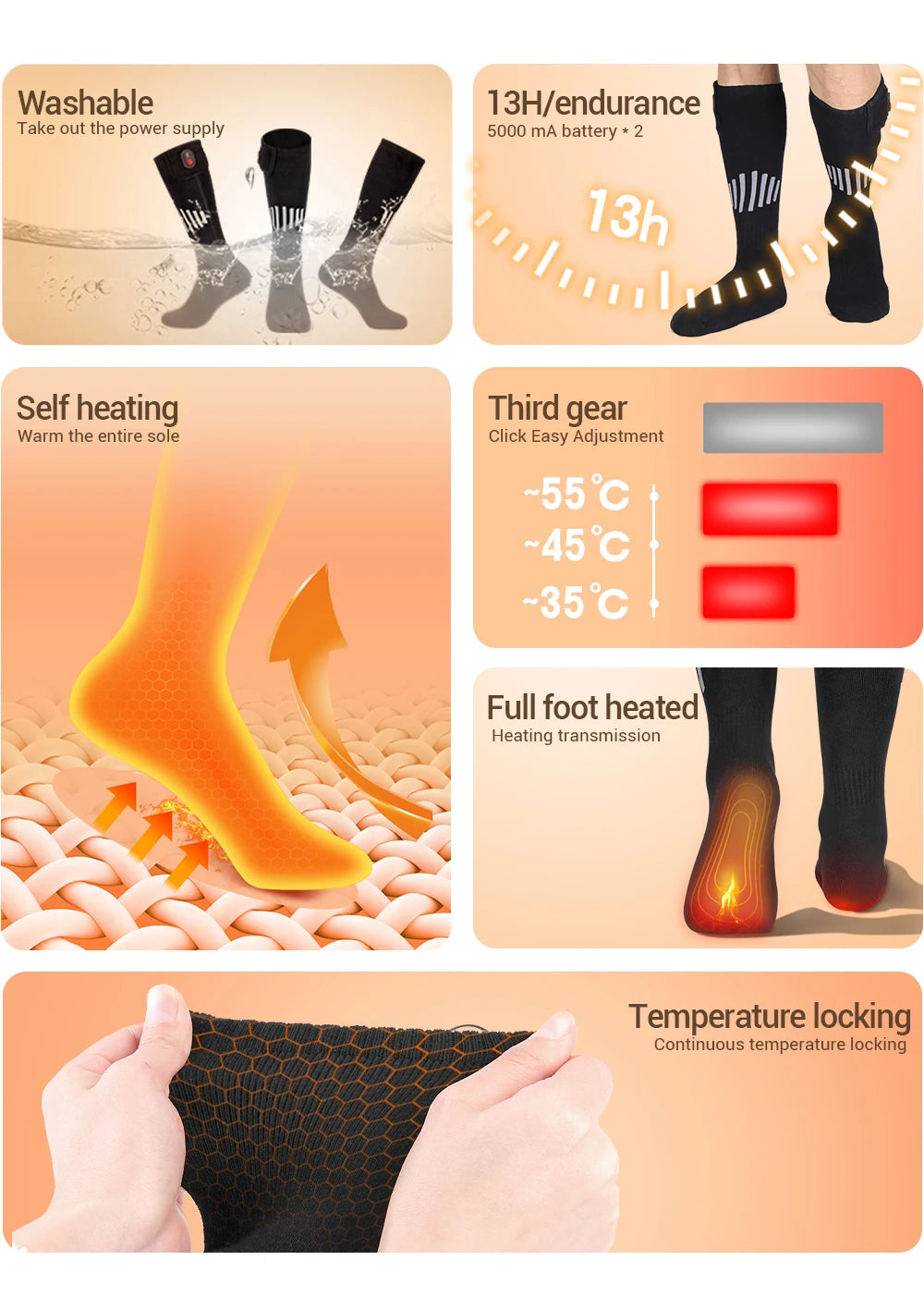 65℃ Heated Socks Winter Warmth 4000mAh USB Rechargeable Heating Socks Outdoor Ski Heated Boots Snowmobile Skiing Sock