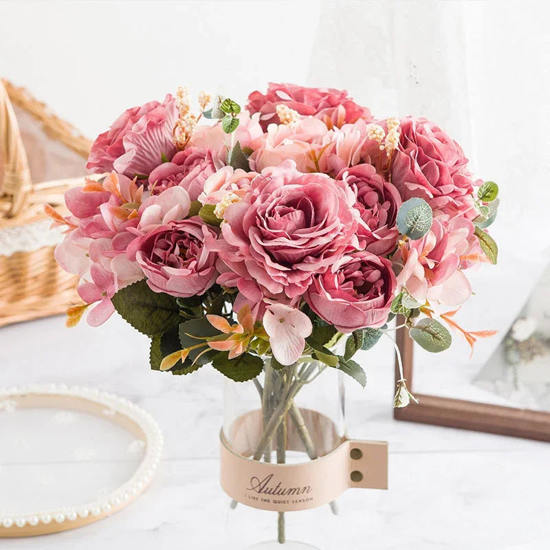 30cm Fake Peony Silk Flowers Bouquet Faux Hydrangea Flower Decor Wedding Party Home Decoration Retro Peonies Artificial Flowers
