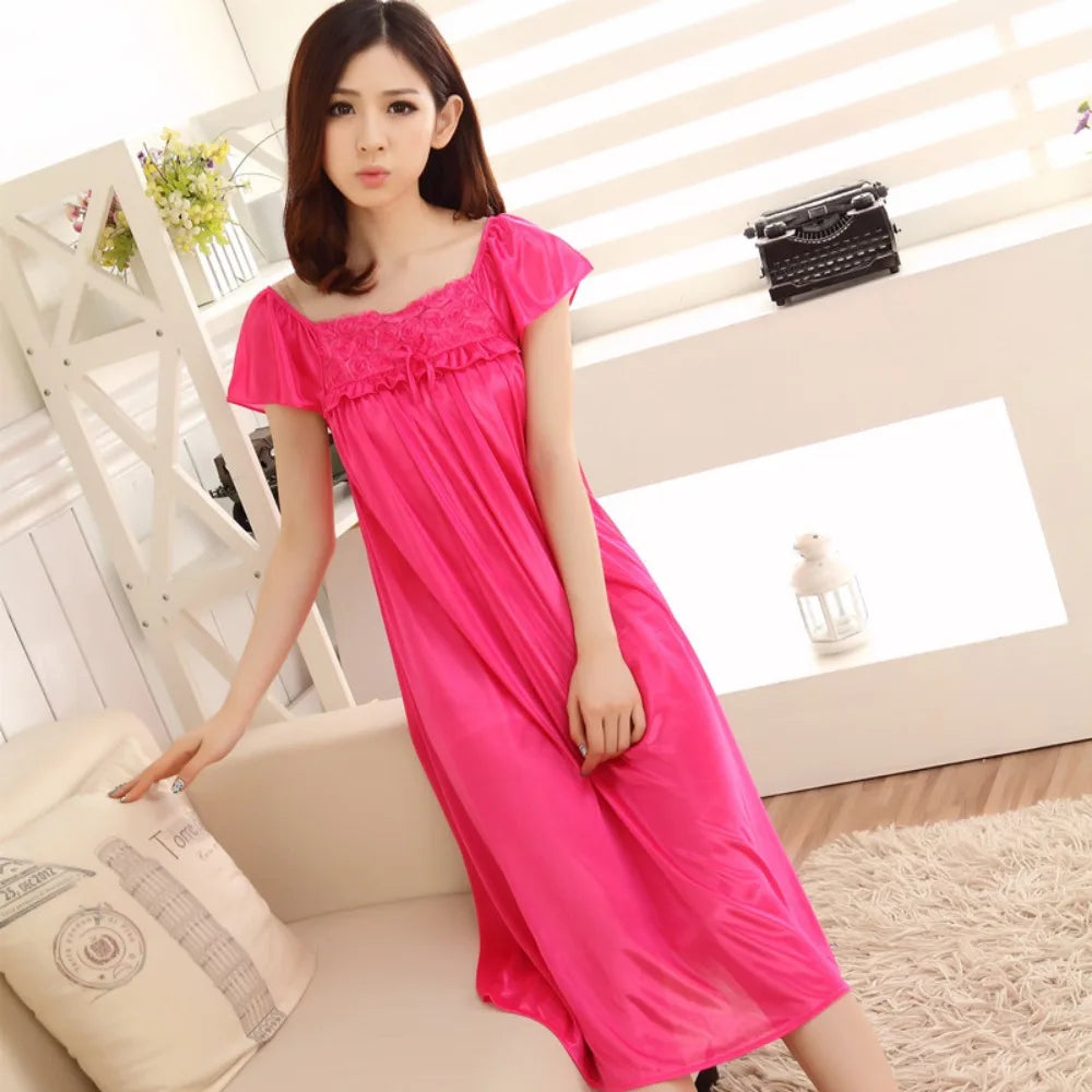 Women's Sexy Sleepwear Plus Size Ice Silk Satin Underwear Night Dress Nightgown Female Lingerie Dress Sexy Nightwear for Ladies