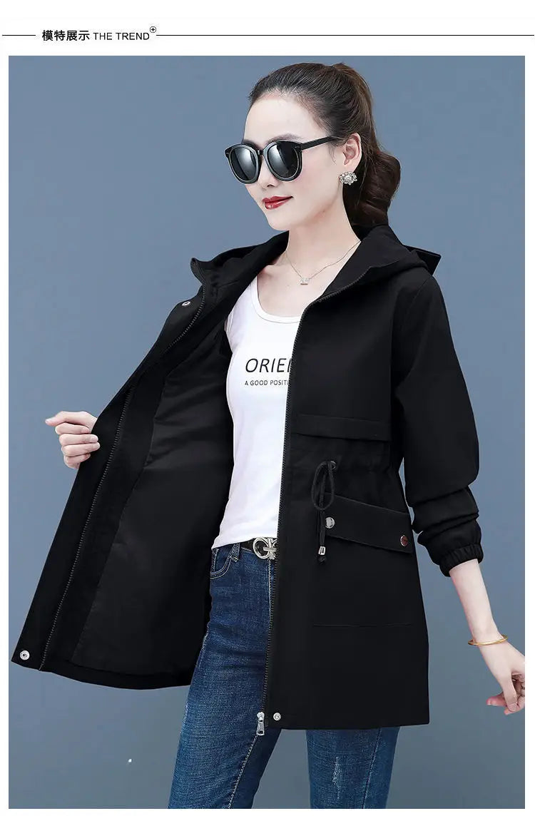 2023 New Spring Autumn Women Jackets Hooded Windbreaker Basic Coat Long Coats Lightweight Outerwear Famale Cardigan Clothing