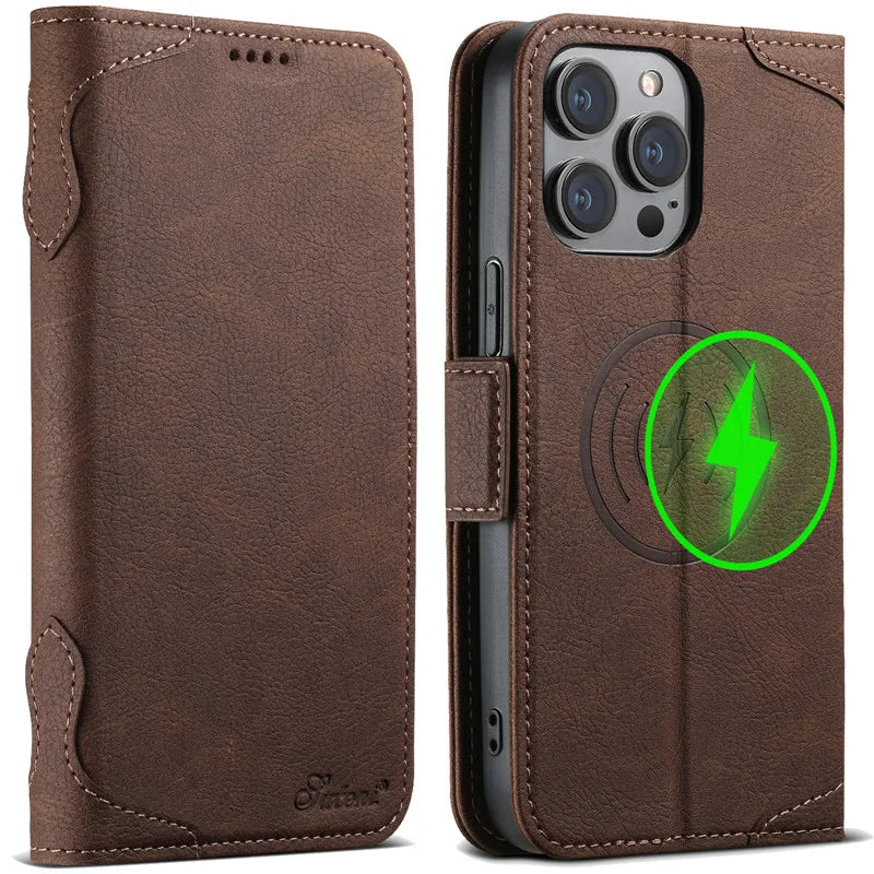 EUCAGR Magsafe Business Leather Wallet Phone Case For iPhone 12 13 14 15 Pro Max Plus 15Plus 14Pro With Flip Card Holder Cover