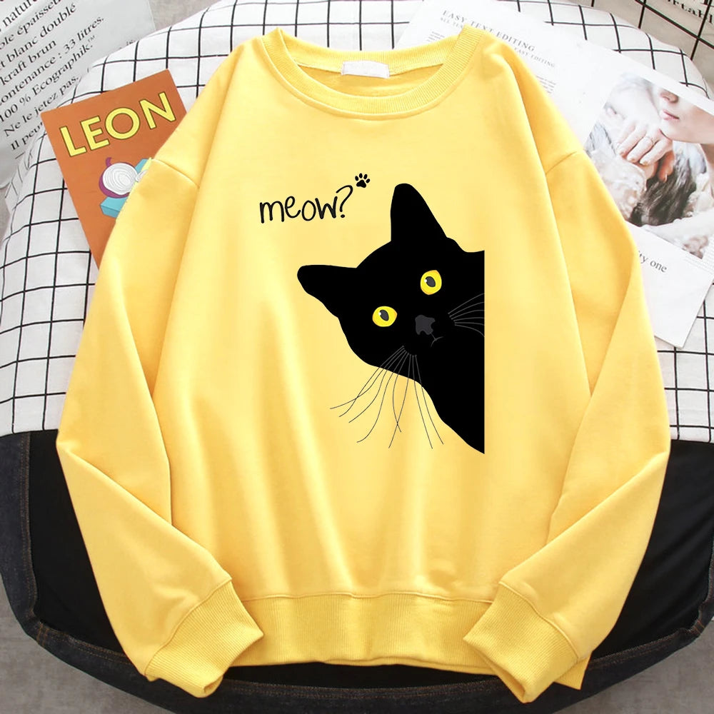 Winter Harajuku Woman Sweatshirt Meow Black Cat Printing Hoodies Comfortable All-Math Pullover Crewneck Loose Female Clothes