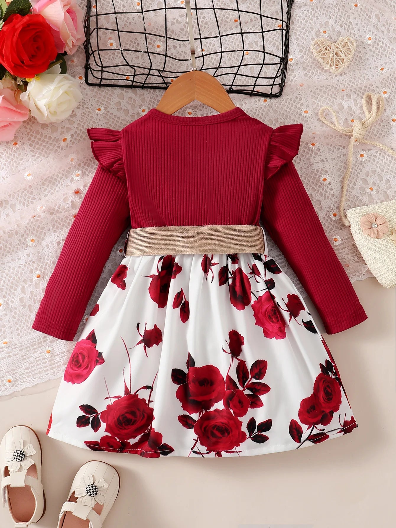 Girls Floral Print Ruffle Long Sleeve A Line Tie Dress Casual Dress Plus Belt