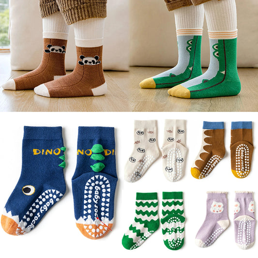 5 pairs of children's mid tube socks, spring and autumn adhesive point floor socks, playground anti slip socks, trampoline socks