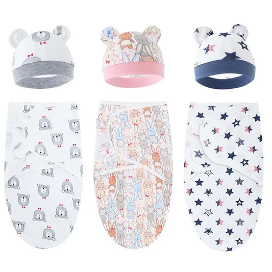 Cotton Newborn Swaddle Cartoon Printed Baby Blanket Hat Set All Seasons Adjustable Infant Sleeping Swaddle Wraps 0-6 Months