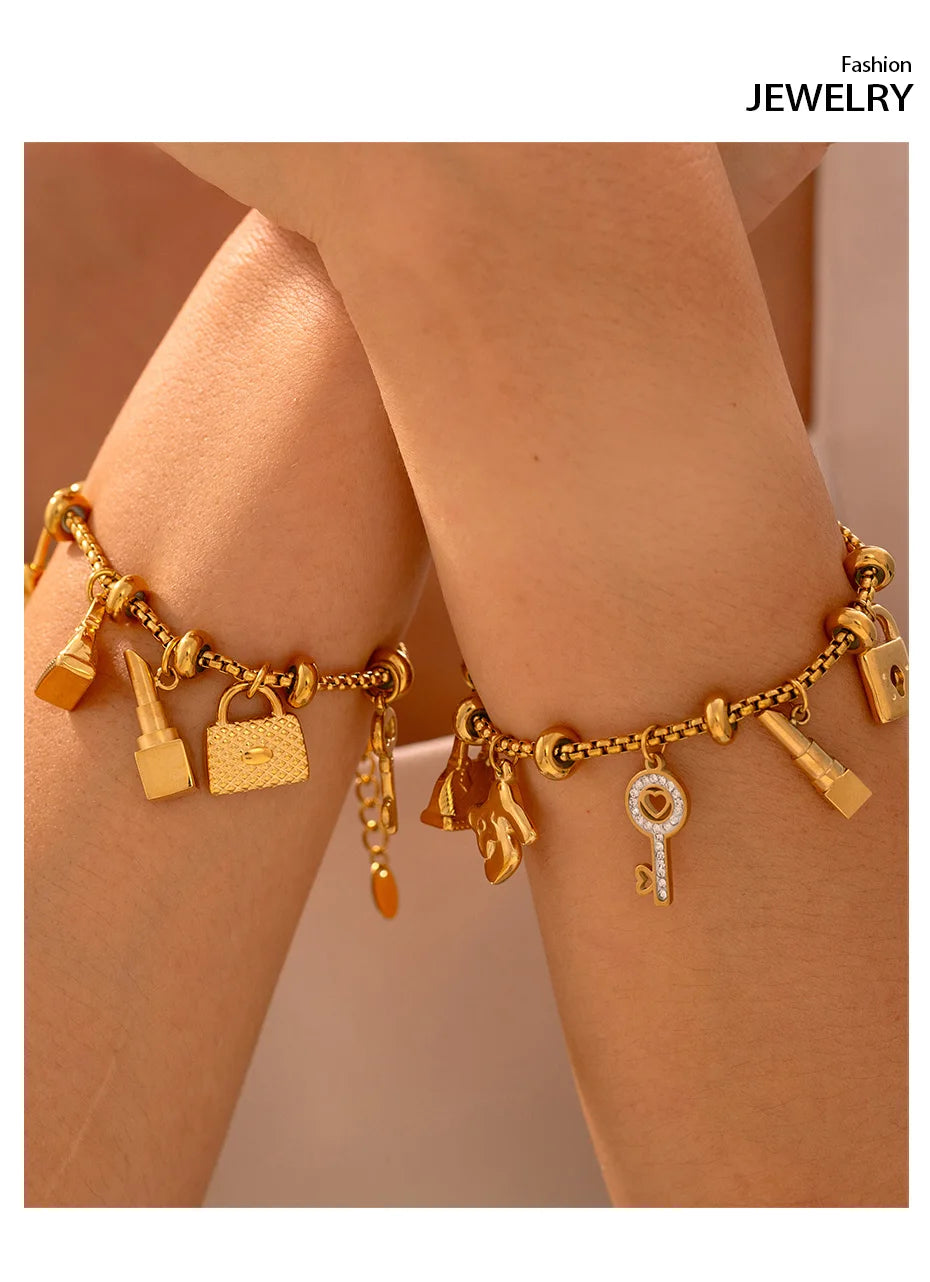 316L Stainless Steel Bracelets With Various Pendants For Women 18K Gold Plated Waterproof No Tarnish Women's Statement Bracelet