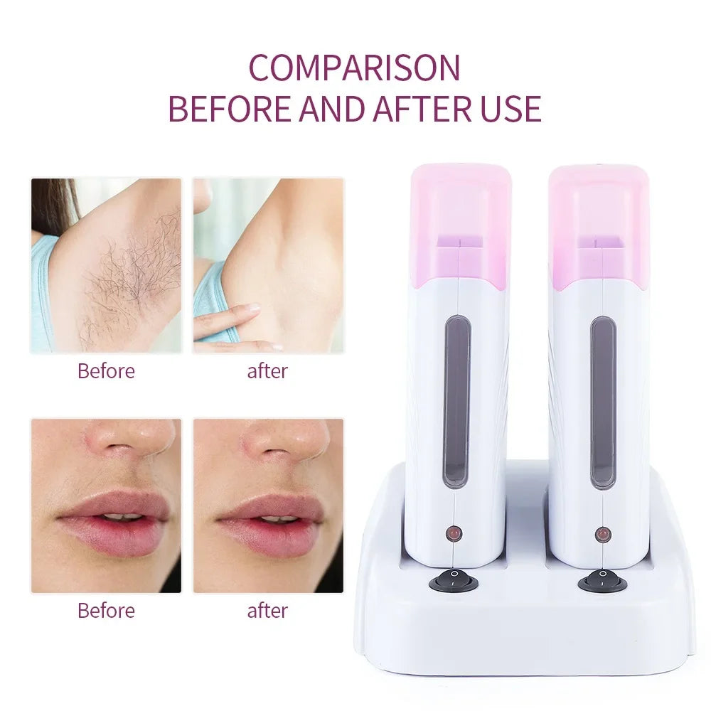 3 IN 1 Double Roller Depilatory Wax Waxing Kit Hair Removal Waxing Kit Wax Heater with Wax Cartridge Facial Body Bikini Epilator