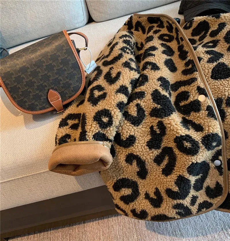 Autumn Winter Short Lmitation Fur Coat Women 2024 New Fashion Loose Casual Jacket Leopard Print Button Outerwear Female