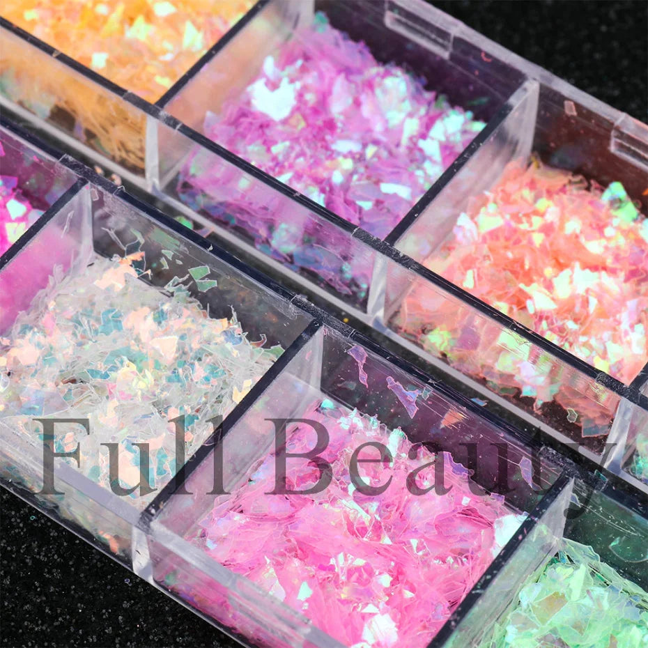 12 Grids Nail Art Glitter Luminous Irregular Flakes Broken Glass Sequins Powder Iridescent UV Gel Polish Nail Decoration NFSP