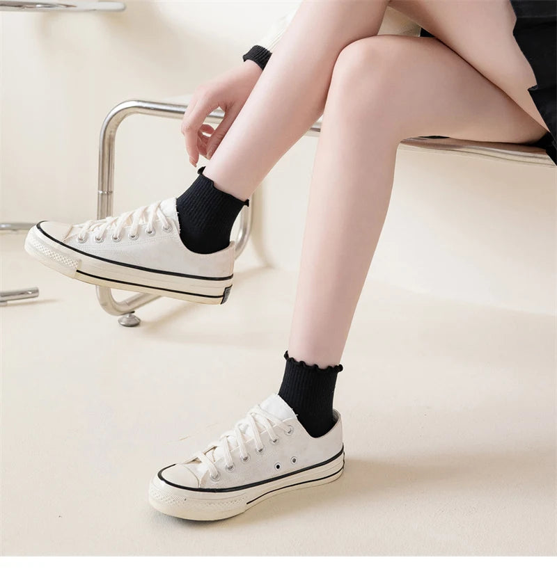 3 Pairs/Lot Cute Socks For Women New Japanese Style Breathable Girls Short Socks Kawaii Solid Socks Frilly Ruffle Socks Casual