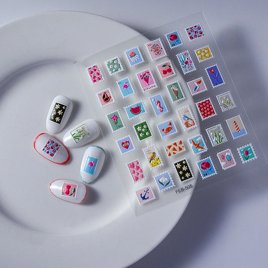 Post Stamp Design Nail Sticker Adhesive Sliders Textured Engraved Decoration Supplies FEB-505