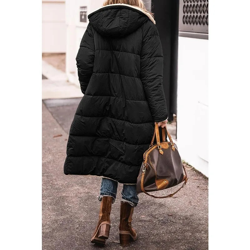 Women's 2023 Warm Winter Coats Reversible Sherpa Fleece Long Hooded Puffer Jackets Outerwear