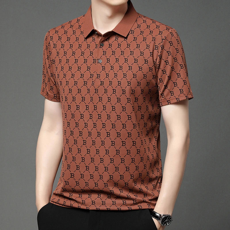 2024 Summer New Men's Business Print Short Sleeved POLO Shirt Comfortable and Cool Casual Fashion T-shirt