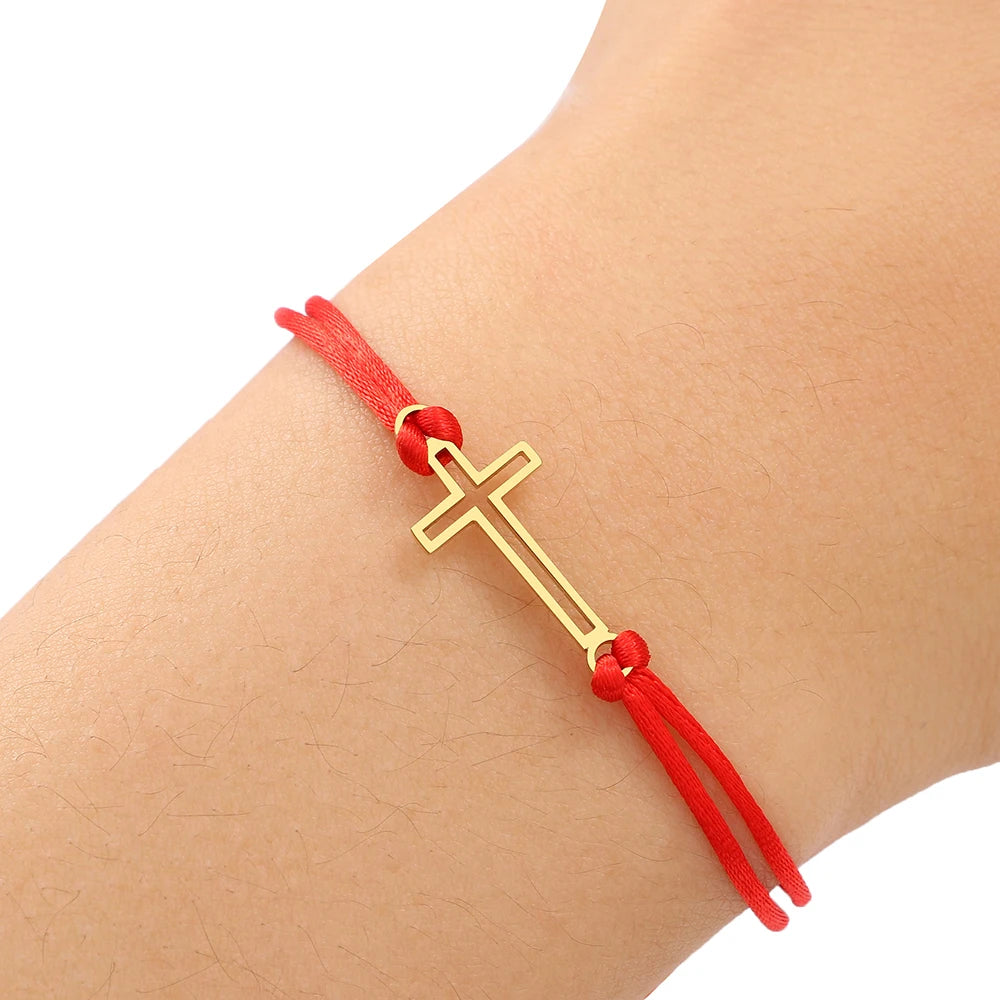 Stainless Steel Bracelets Gothic Hollow Cross Hand Braided Lucky Black Red Rope Fashion Charm Bracelet For Women Jewelry Gifts