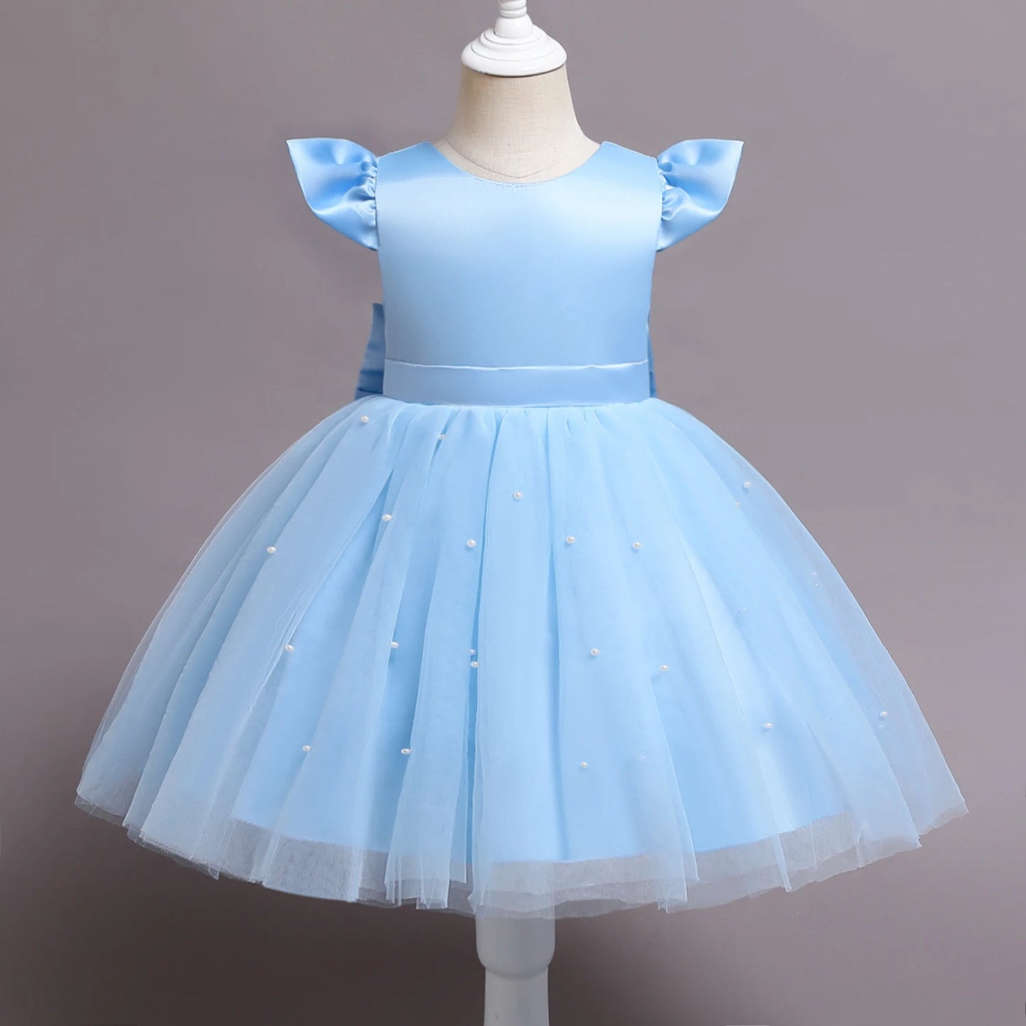 Toddler Girl Blue Beaded Tutu Gown 1-5 Years Baby Girl Birthday Party Dress Little Girl V-Back Bow Tulle Clothes Infant Costume