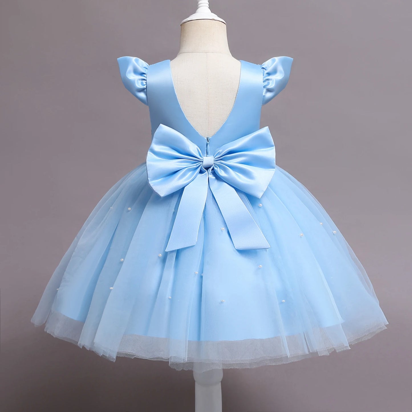 Toddler Girl Blue Beaded Tutu Gown 1-5 Years Baby Girl Birthday Party Dress Little Girl V-Back Bow Tulle Clothes Infant Costume