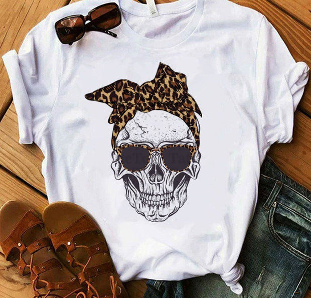 With Scarf Colorful Skull Head Print T Shirt Women Short Sleeve O Neck Loose Tshirt Women Causal Tee Shirt Tops Camisetas Mujer