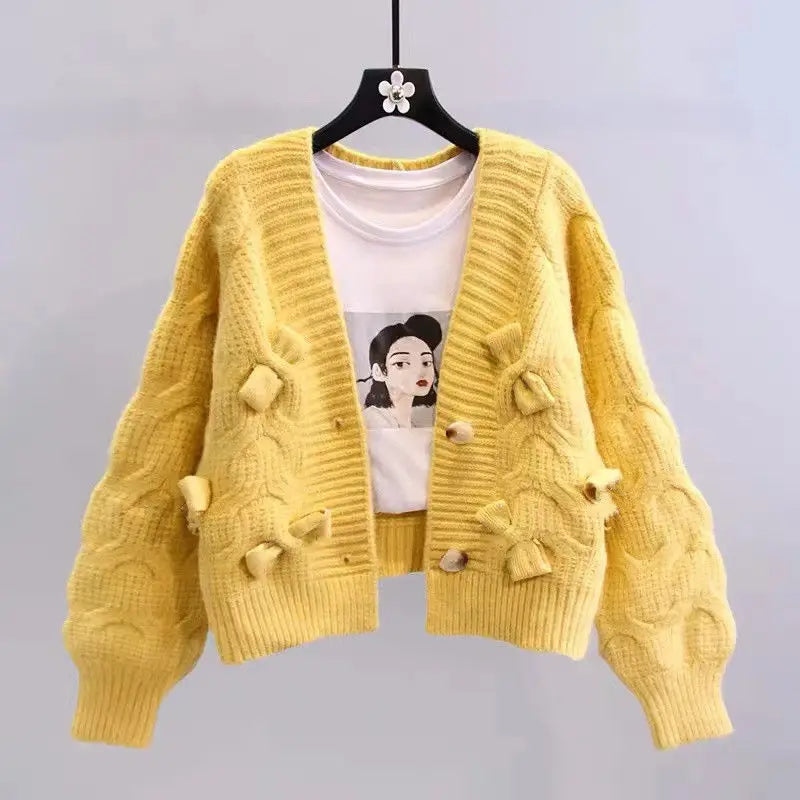 Women's Autumn and Winter Outerwear 2024 New Retro Japanese Style Lazy V-neck Bow Loose Knit Cardigan