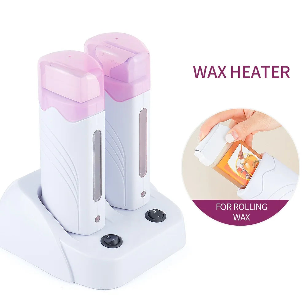 3 IN 1 Double Roller Depilatory Wax Waxing Kit Hair Removal Waxing Kit Wax Heater with Wax Cartridge Facial Body Bikini Epilator