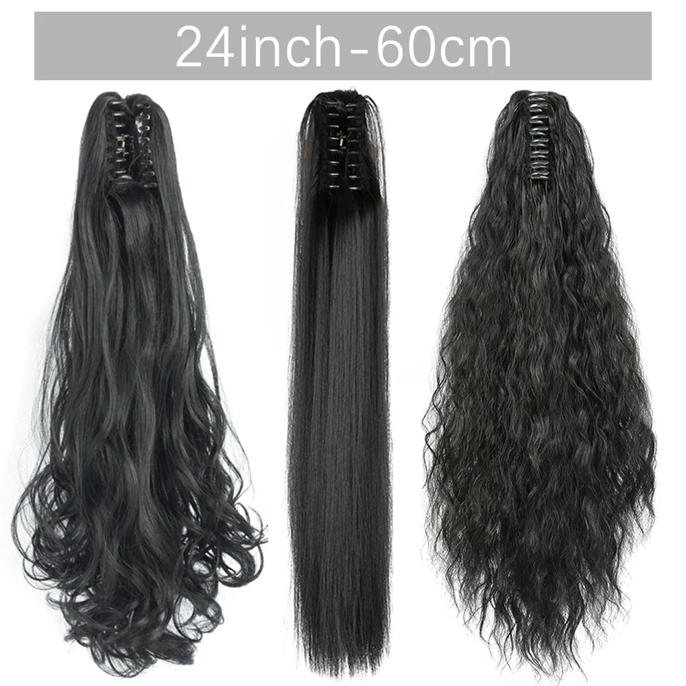 Synthetic 24Inch Wavy Claw Clip On Ponytail Hair Extension Ponytail Extension Hair For Women Pony Tail Hair Hairpiece