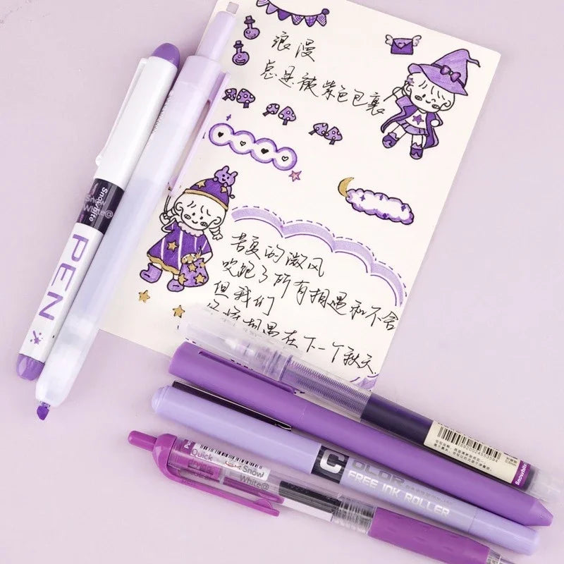 6pcs/set Roller Pen Purple / Pink / Green Color Ink Straight Liquid Gel Pen Ballpoint Pen for School Office Stationery Kawaii