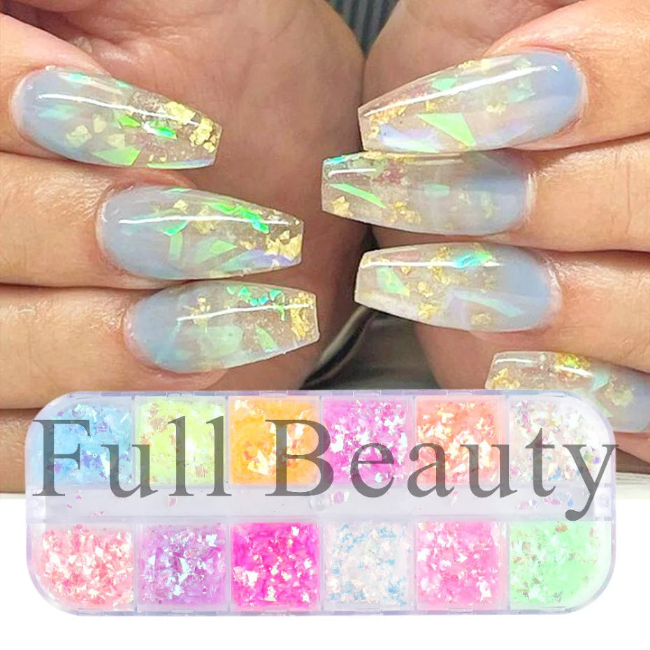 12 Grids Nail Art Glitter Luminous Irregular Flakes Broken Glass Sequins Powder Iridescent UV Gel Polish Nail Decoration NFSP