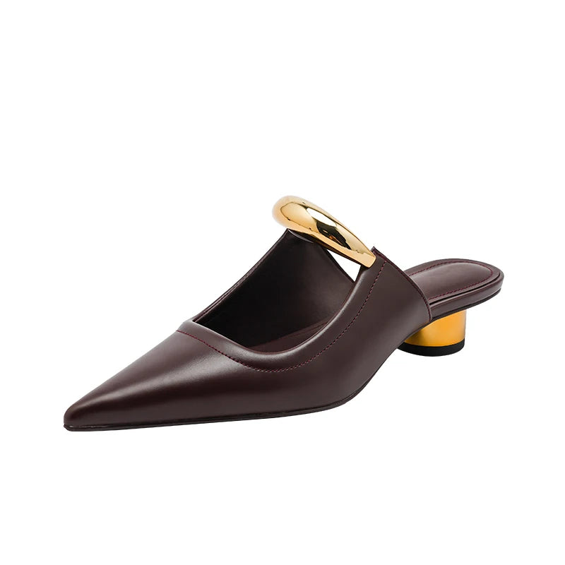 Thick Heel Women Mules Slippers Shoes Fashion Shallow Metal Decoration Slides Spring Autumn Outdoor Party Dress Shoes