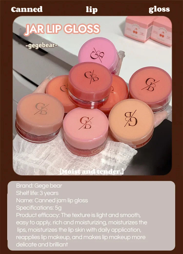 Heallor Canned Jam Lip Gloss Gege Bear Jam Lip Honey Moisturizing and Shiny Mirror Non Sticky Makeup Lip Glaze