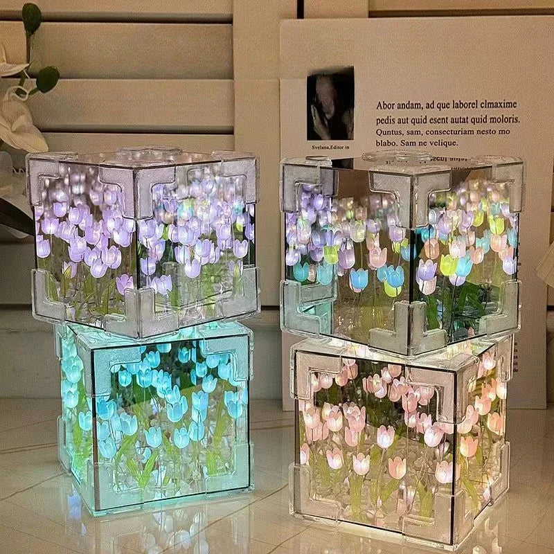 1pc Creative Diy Tulip Flower Sea Cube Three-Dimensional Small Night Lamp Material Package for Girlfriend Couple Girlfriend Gift